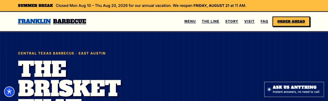 Homepage of the Franklin Barbecue concept site built by GuestAI