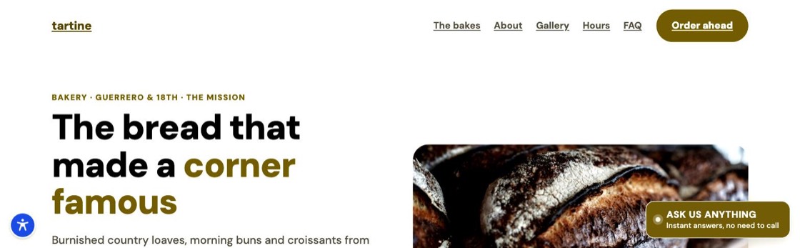 Homepage of the Tartine Bakery concept site built by GuestAI