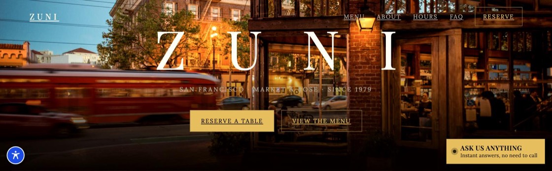 Homepage of the Zuni Café concept site built by GuestAI